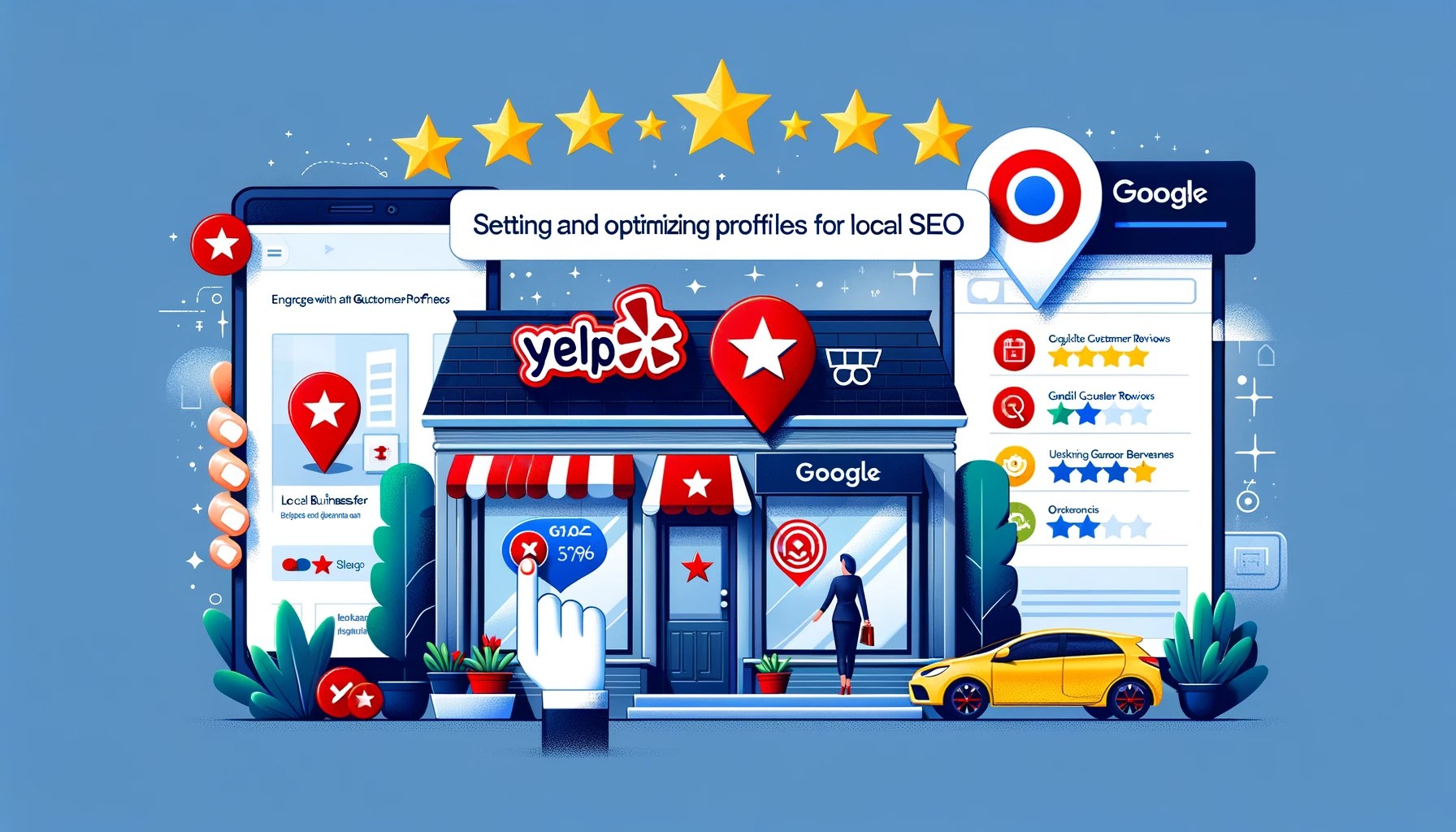 Here's the detailed segment on setting up and optimizing Yelp and Google Business accounts for local SEO, accompanied by a visual that highlights key steps in the process. The image portrays a local business presence on these platforms, emphasizing the importance of customer reviews, keyword optimization, and maintaining an active, engaging profile.