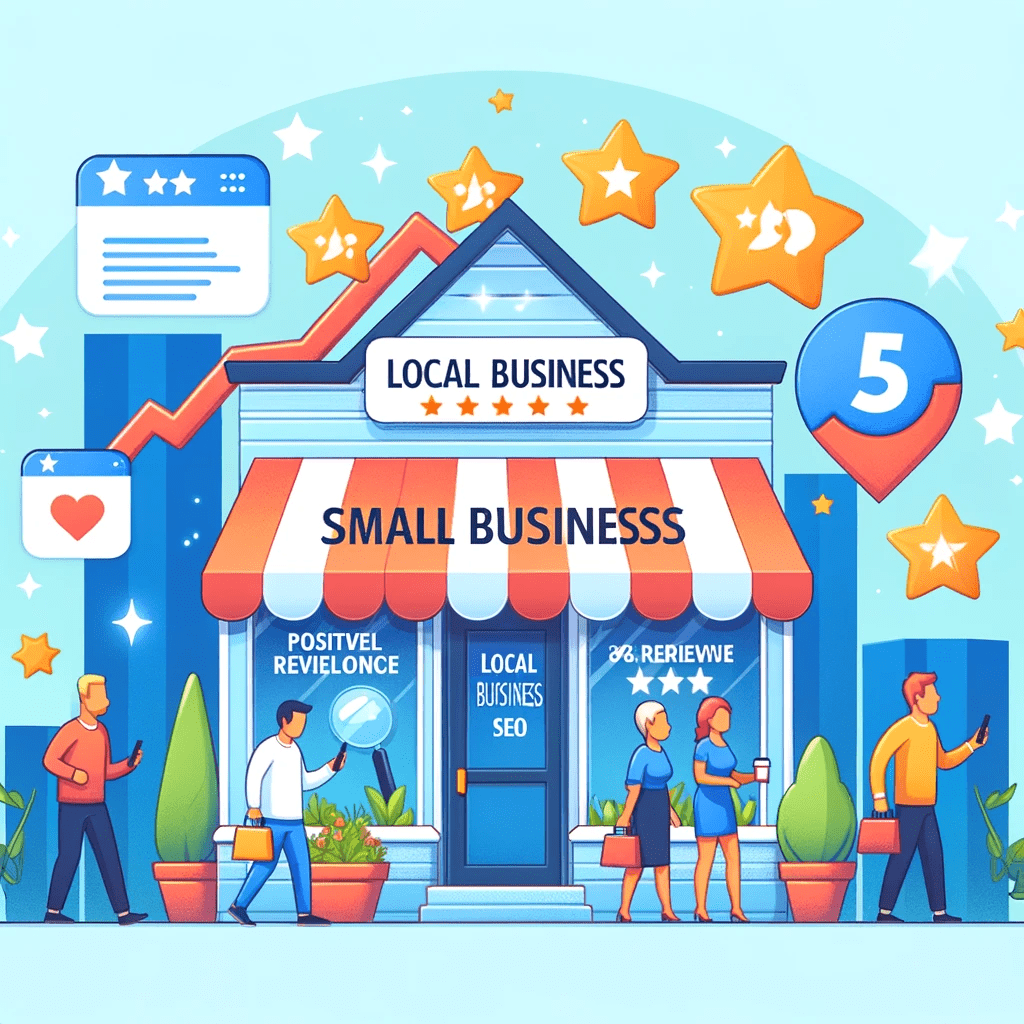  image that illustrates the benefits of Local SEO for small businesses. It depicts a vibrant small business storefront with an increase in customer traffic, happy customers using smartphones, positive review stars, and a graph indicating rising business visibility in local search results. This image conveys the concept of a thriving local business due to effective Local SEO, highlighting increased foot traffic, customer satisfaction, and digital visibility.