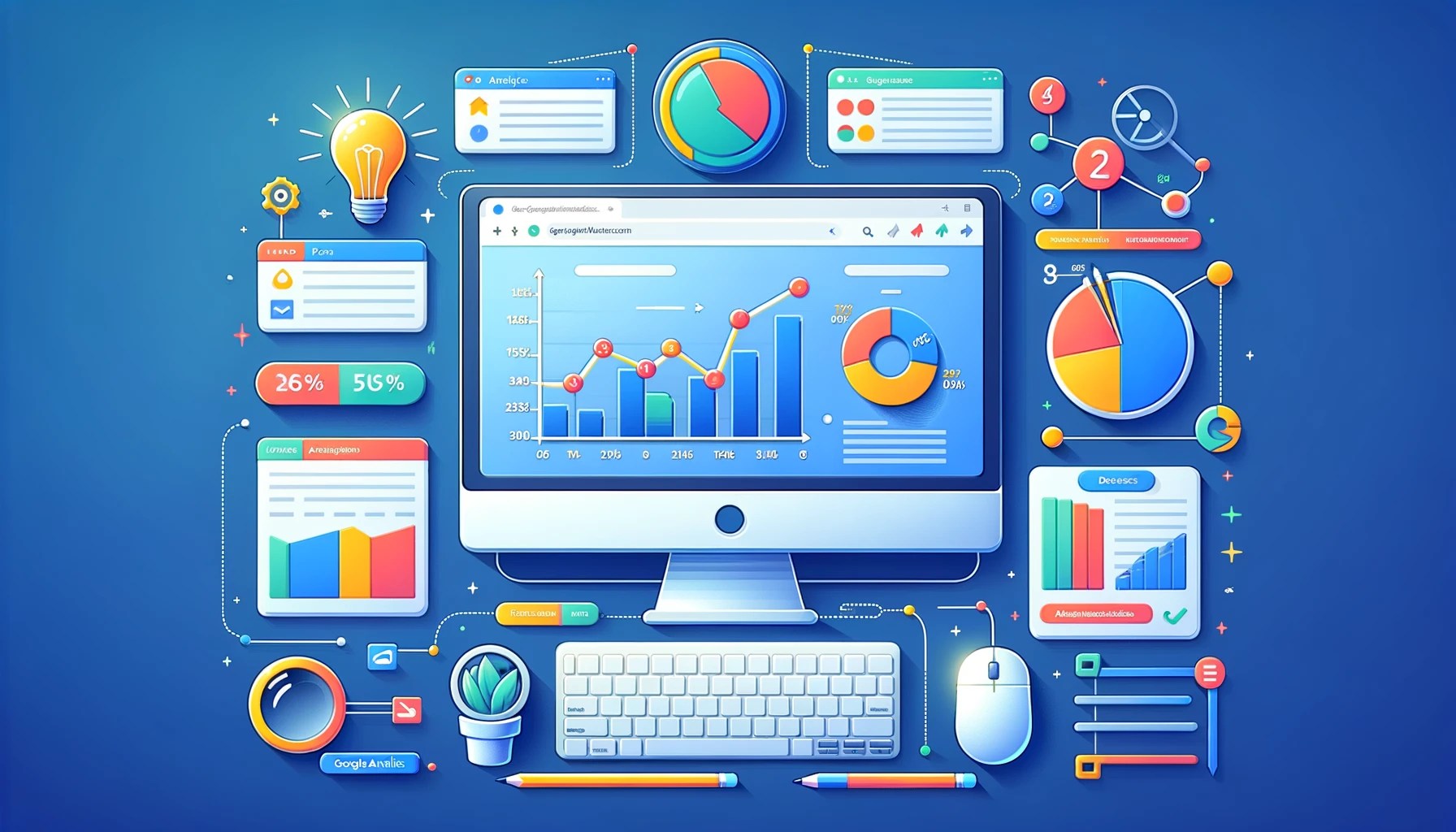 Here's the detailed segment on creating and integrating Google Analytics, complete with a visual representation to illustrate the use of Google Analytics for tracking and improving website performance. This image highlights key metrics like traffic sources, page views, user engagement, and device usage, emphasizing the importance of data-driven decisions in SEO.