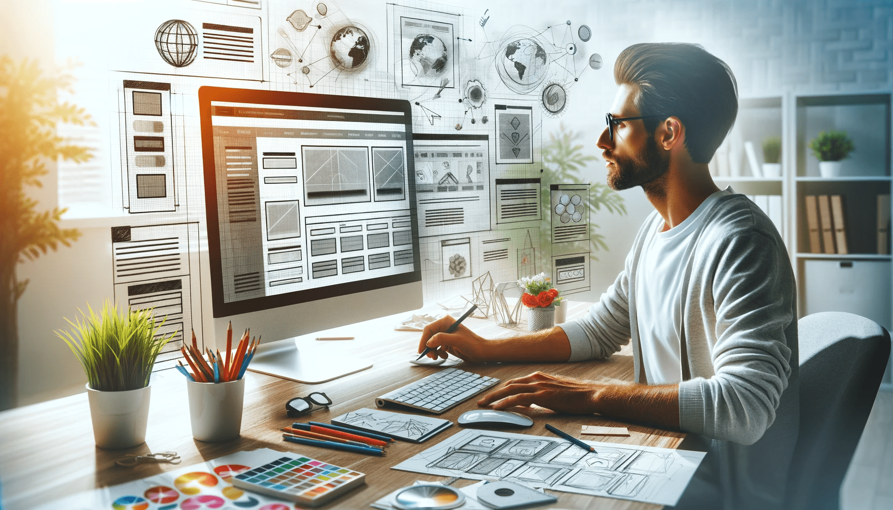 Professional web designer at work, with web design elements, symbolizing the benefits of hiring a web designer for small businesses. 