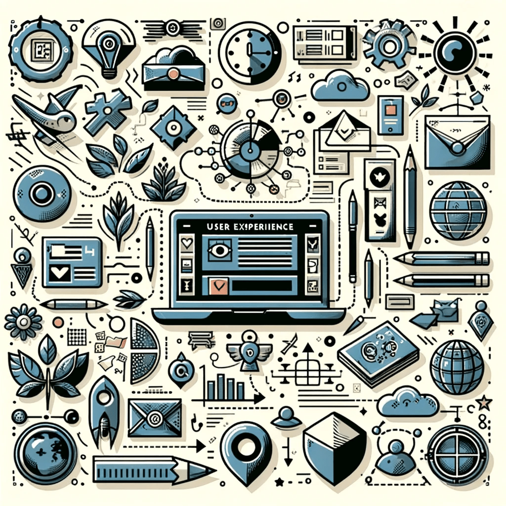 The image created visually represents the User Experience (UX) principles in web design. It includes symbols and icons that highlight aspects like navigation, site speed, content organization, multimedia elements, accessibility, and design consistency.