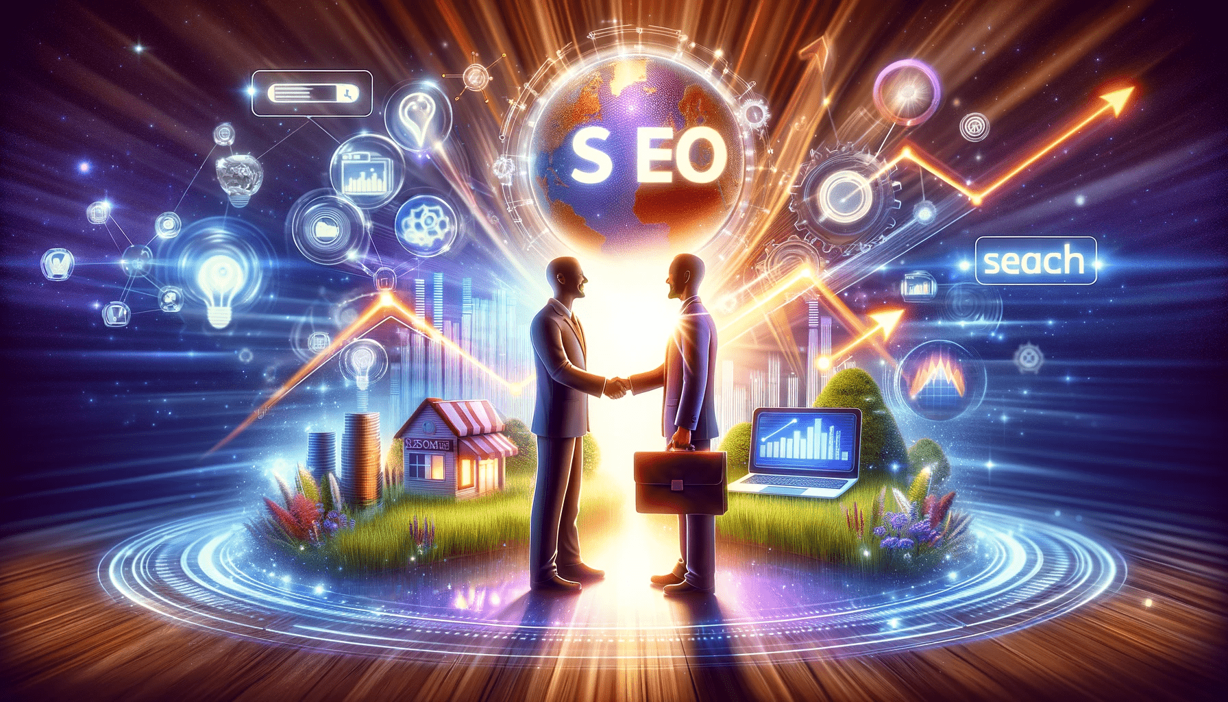 Business owner and SEO expert partnership, with digital SEO metrics background, emphasizing the value of SEO for business growth. a beginners guide to local seo strategies for small business