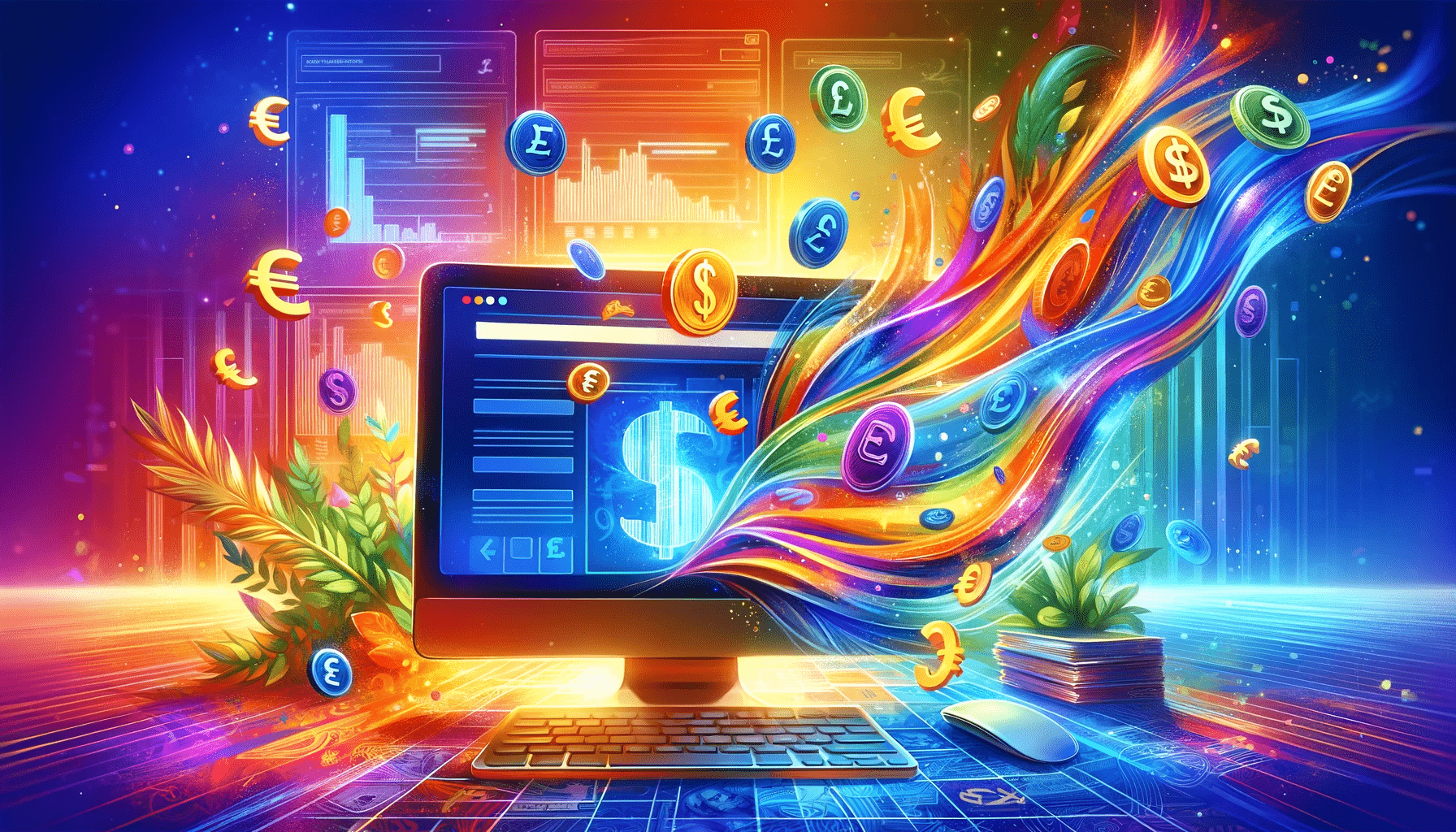 Currency symbols flowing into a computer screen with web design, representing the investment and varied costs of website design. 