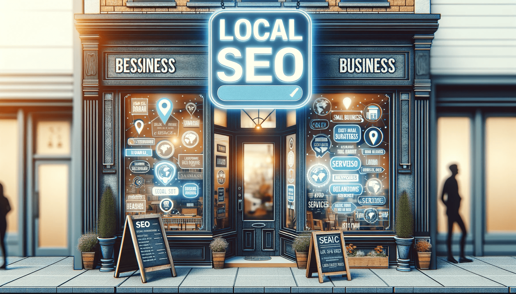 Cozy small business storefront with a digital local SEO sign, illustrating the impact of local SEO for small businesses.