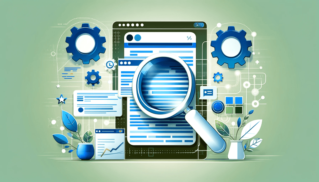 Representation of search engine algorithms with gears, code snippets, and a magnifying glass analyzing a web page