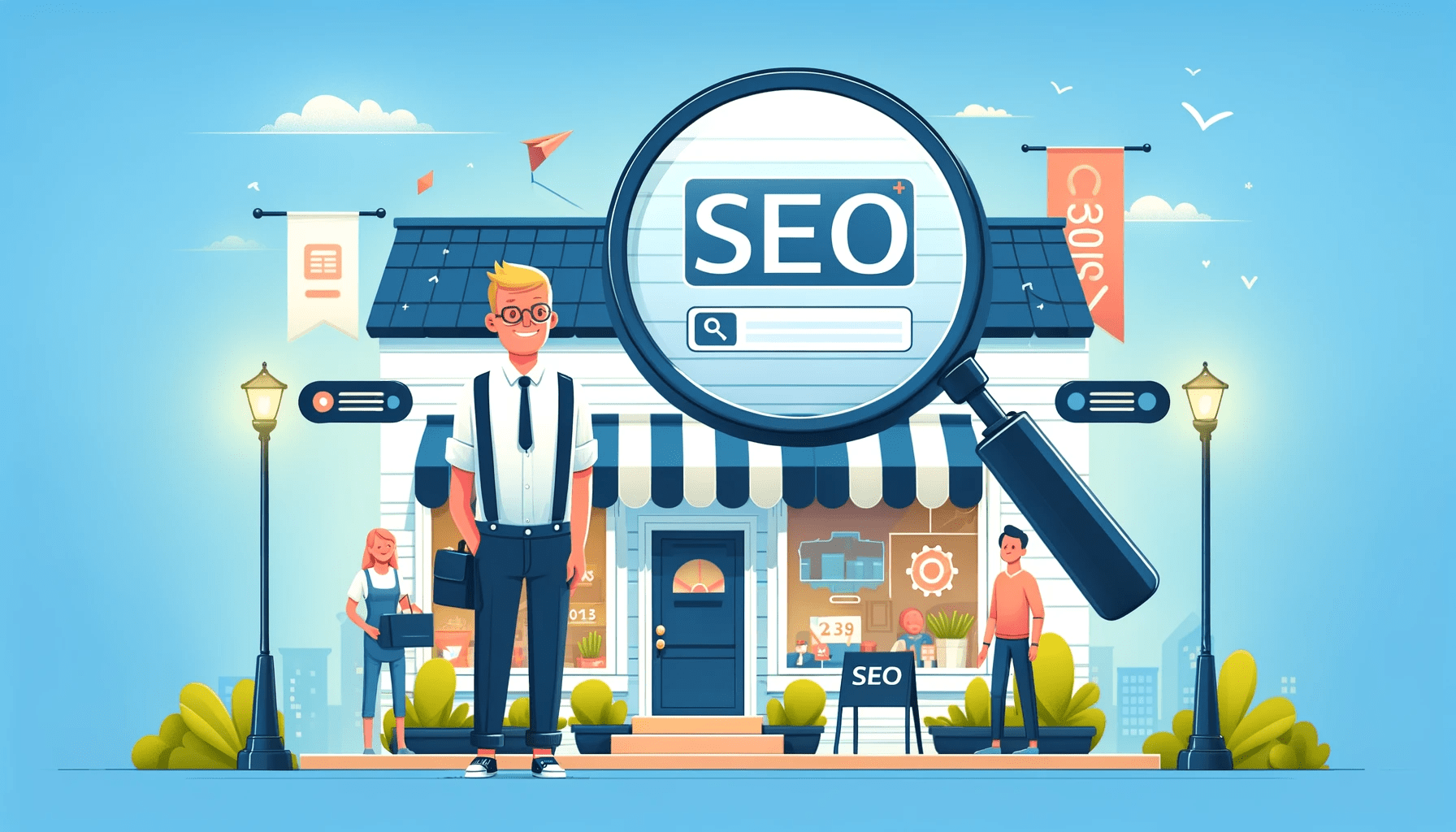 Small business owner with magnifying glass on 'SEO' sign, highlighting the role of SEO in small business visibility and success. a beginners guide to local seo strategies for small business