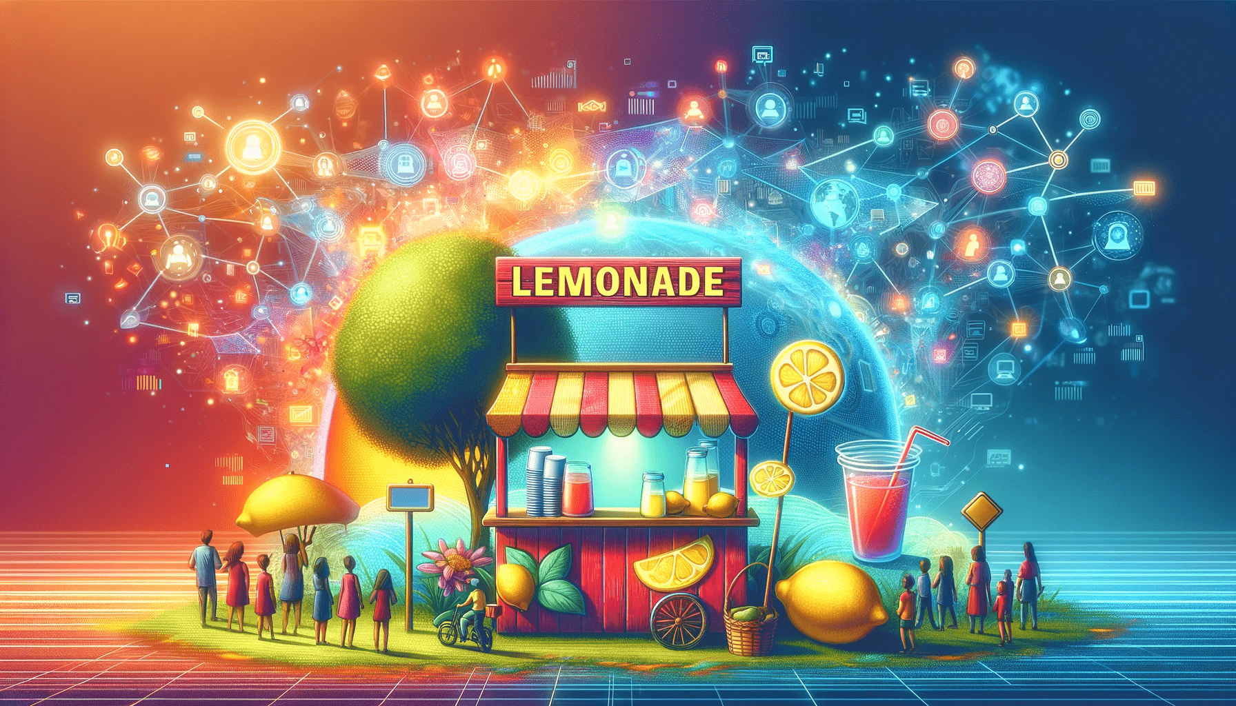 Digital lemonade stand with large sign in online landscape, symbolizing small business web presence and SEO importance. 